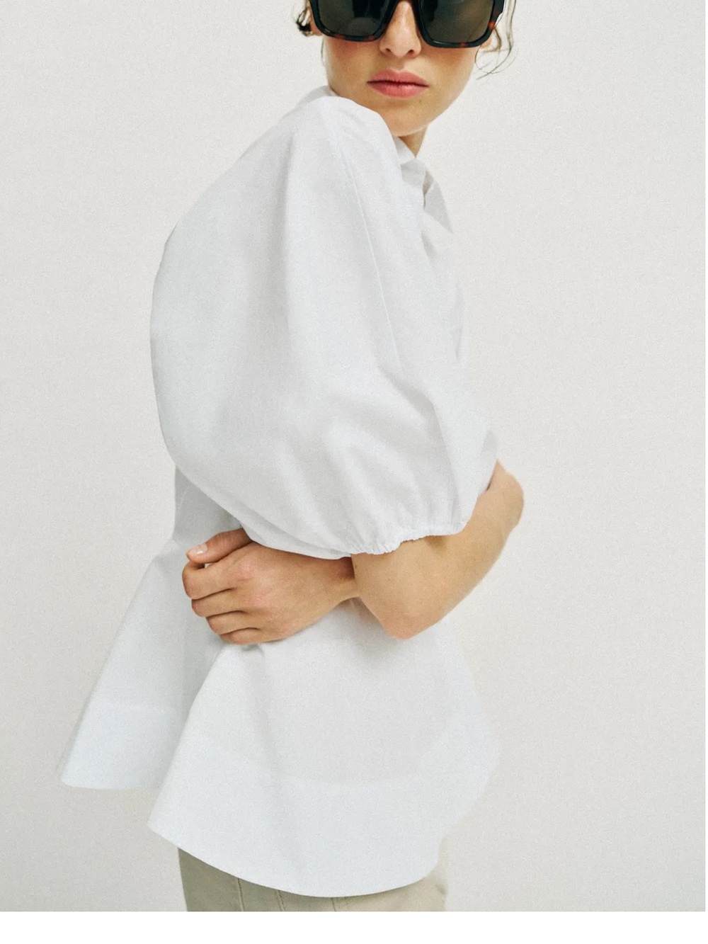 Zara NWT cotton white puff sleeve peplum button front shirt blouse top - Picture 8 of 13